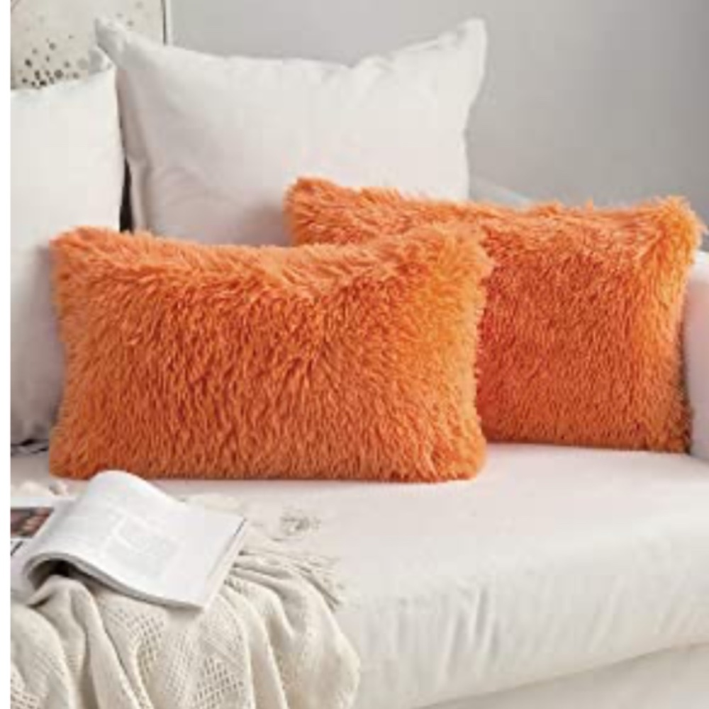 Set of 2 Orange Retro Funky Shaggy Deluxe Plush Throw Pillow Covers 12”x20”